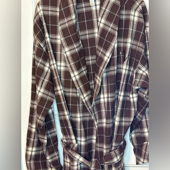 Pottery Barn Plaid Flannel Robe Size Large/XL Cotton Brown Cream Blue Unisex - Picture 3 of 8
